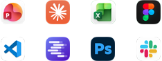 App icons for Microsoft PowerPoint, Claude by Anthropic, Microsoft Excel, Figma, Visual Studio Code, LM Studio, Adobe Photoshop, and Slack