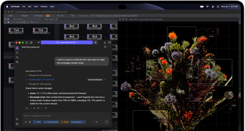 MacBook Pro with PROLED XDR Display, space black color, screen shows an image being created using TouchDesigner and LM Studio