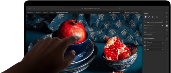MacBook Pro with PROLED XDR Display with a still life image of pomegranates with blue ceramics and textiles, a hand reaches toward the screen to interact with the art