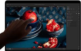 MacBook Pro with PROLED XDR Display with a still life image of pomegranates with blue ceramics and textiles, a hand reaches toward the screen to interact with the art