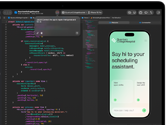 MacBook Pro, Xcode, code editor shows comment: Connect the app to Apple Intelligence, iPhone preview, Quantum College Hospital app, text reads: Say hi to your scheduling assistant, buttons: View open shifts, Swap my next shift